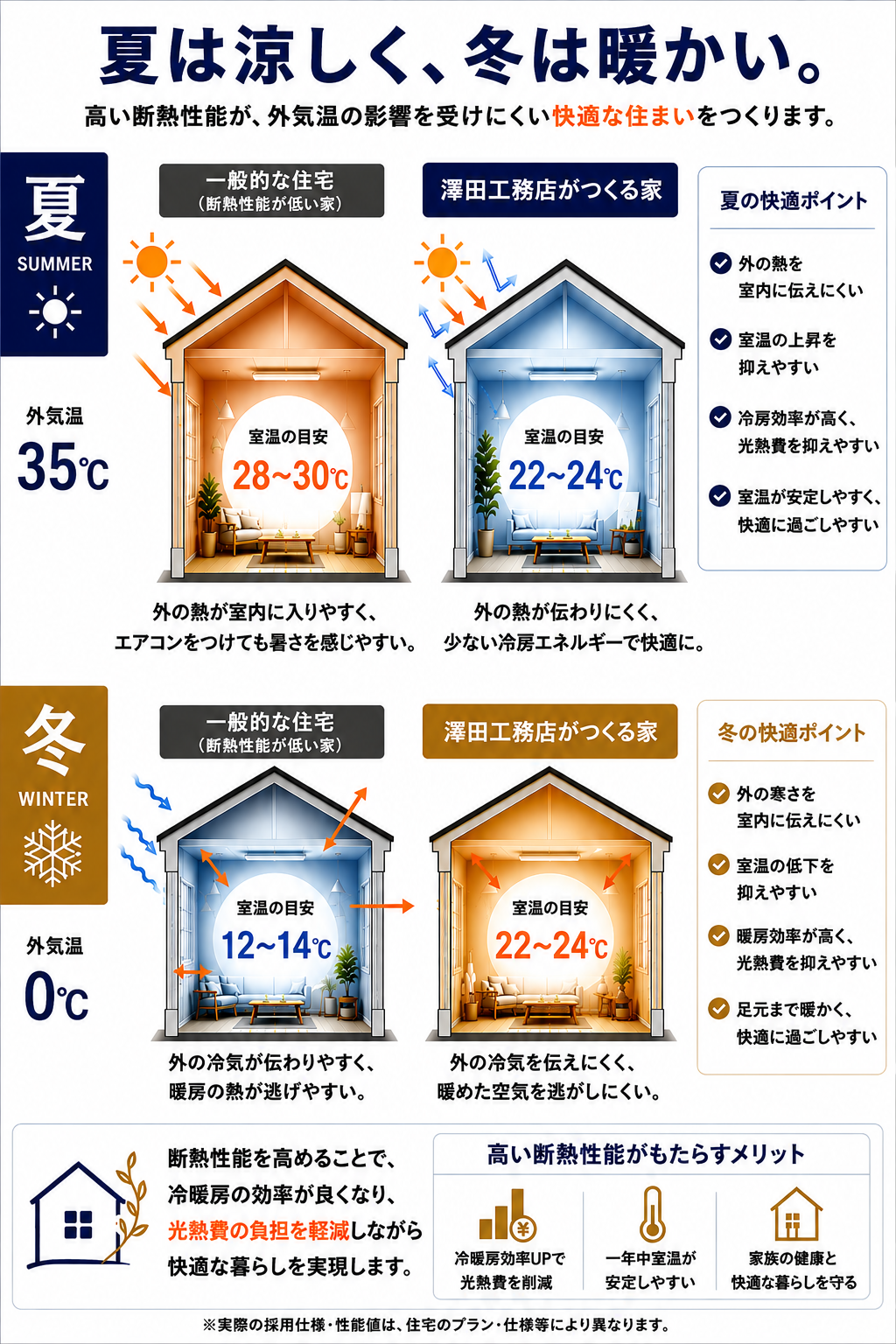 一般的な住宅と澤田工務店の高断熱住宅における夏冬の室温と熱の伝わり方の比較図